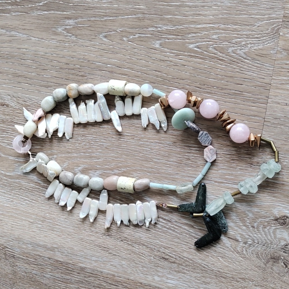 Summer Necklace for Bikini with Baroque Pearls, Jade, Natural Polished Stones